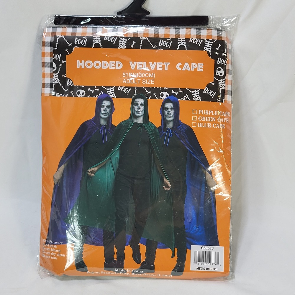 Green Hooded Velvet Cape 51in Adult Halloween Costume Cosplay Witch Elf Medieval